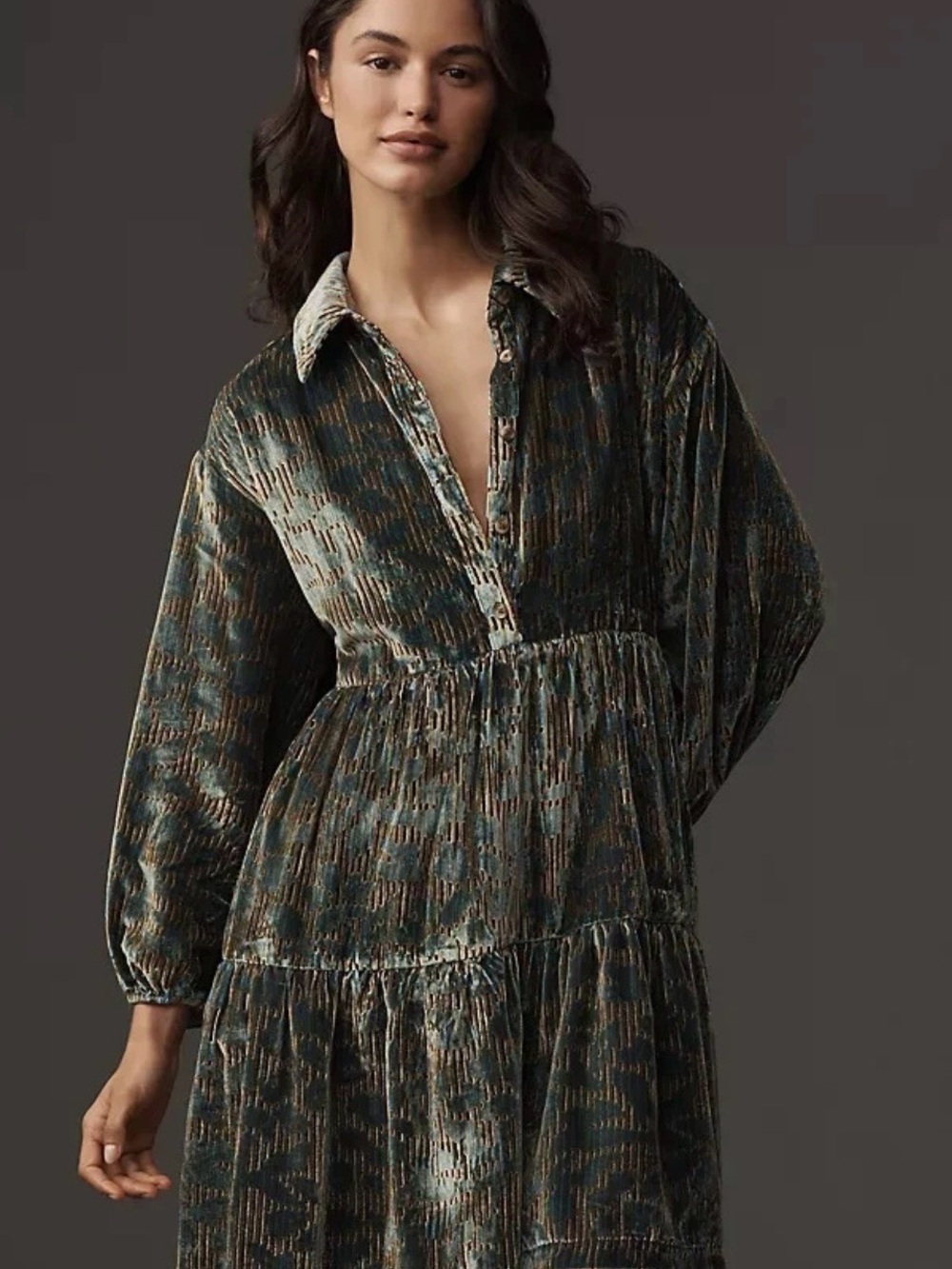 Anthropologie Maeve Women's Bettina Velvet baby doll green Tiered Dress new